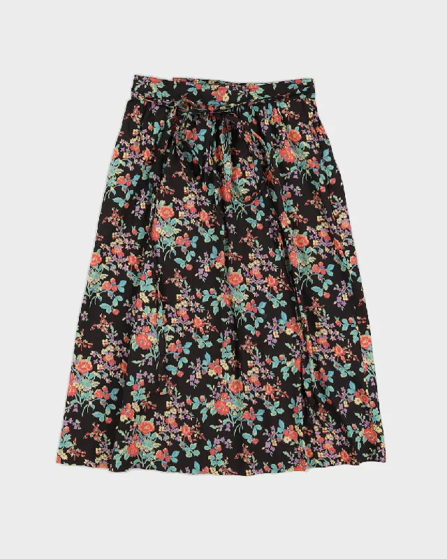 Black Floral Cotton Wrap Skirt - S