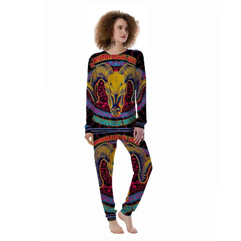 Psychedelic And Ram Skull Print Women's Pajamas