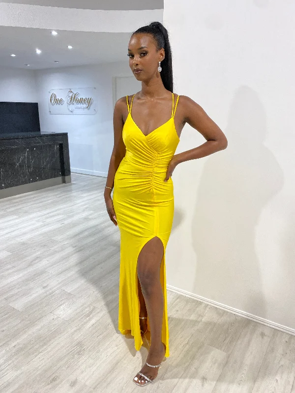 Honey Couture SOLANGE Neon Yellow Corset Ruched Formal Gown Dress