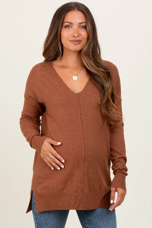 Camel Front Seam V-Neck Side Slit Maternity Sweater