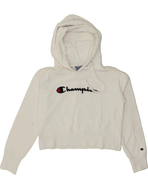 CHAMPION Womens Graphic Crop Hoodie Jumper UK 14 Medium White Cotton