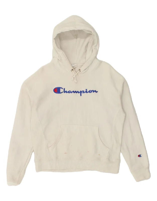 CHAMPION Womens Graphic Hoodie Jumper UK 14 Medium White Cotton