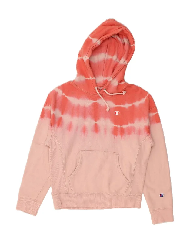 CHAMPION Womens Oversized Hoodie Jumper UK 10 Small Pink Tie Dye Cotton