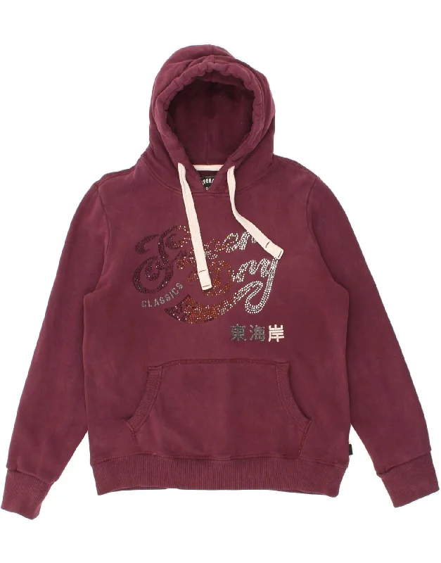 SUPERDRY Womens Graphic Hoodie Jumper UK 14 Large  Burgundy Cotton