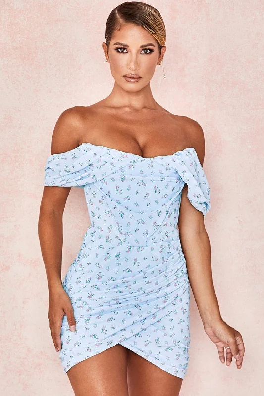 Ditsy Floral Draped Off Shoulder Mini Corset Dress - Light Blue