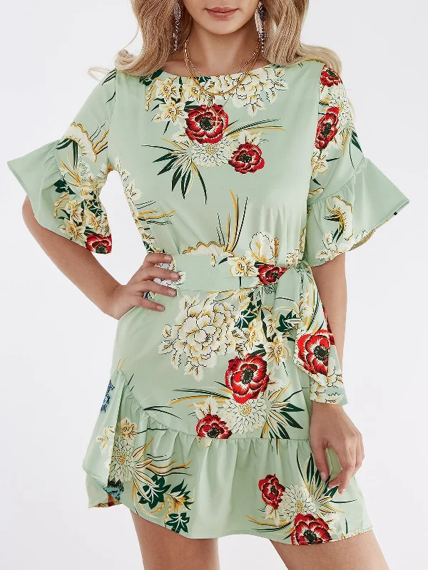 Green Random Floral Print Mini Dress With Half Flared Sleeves