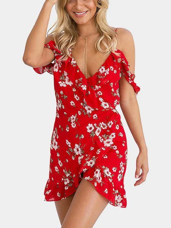 Red Floral Print V Neck Ruffle Cold Shoulder Mini Dress