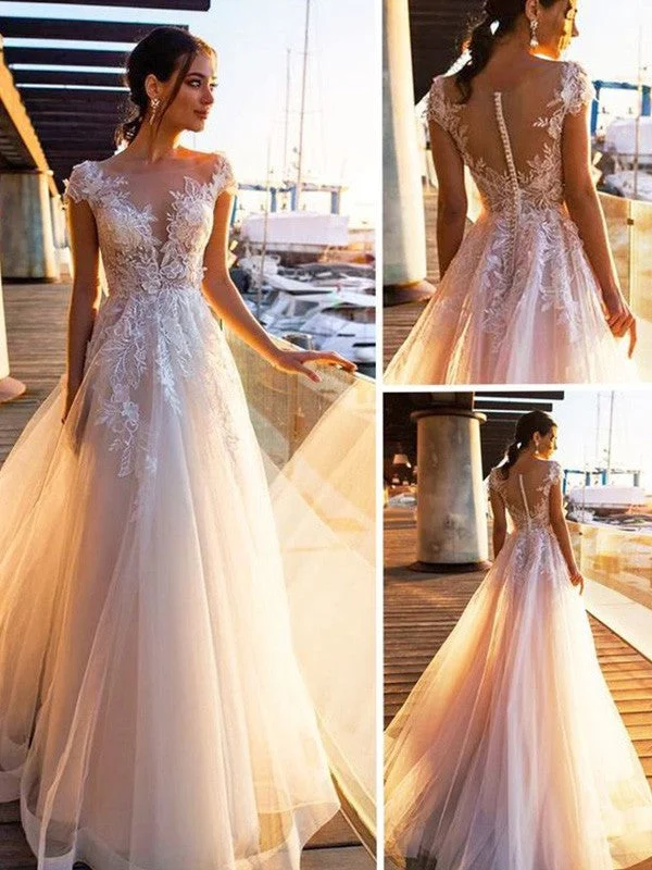 A-Line/Princess Bateau Applique Short Sleeves Sweep/Brush Train Tulle Wedding Dresses