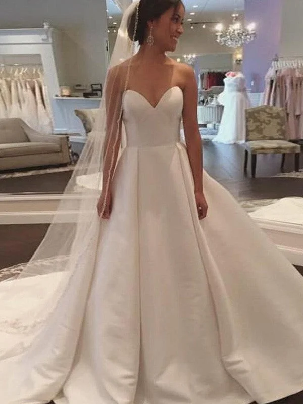 Ball Gown Sleeveless Sweetheart Court Train Satin Wedding Dresses