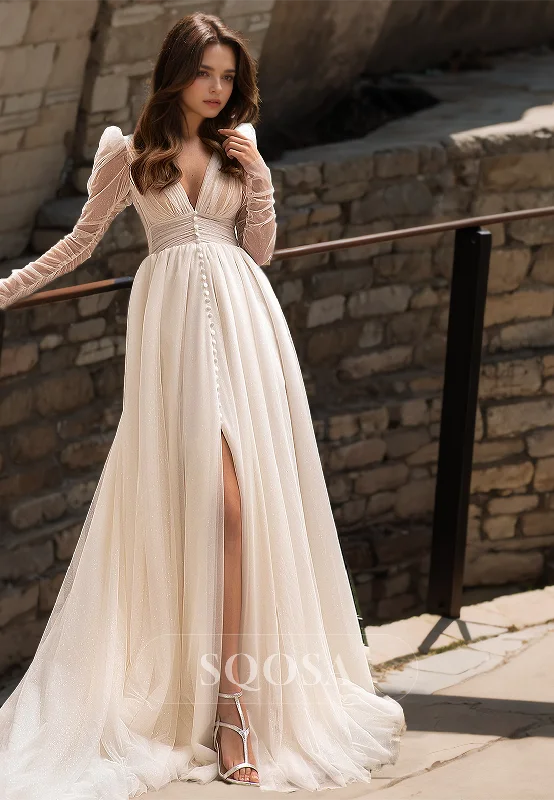 V-Neck Long-Sleeves High Slit Bride Gowns Pleated Sheer Train Lace Wedding Dress