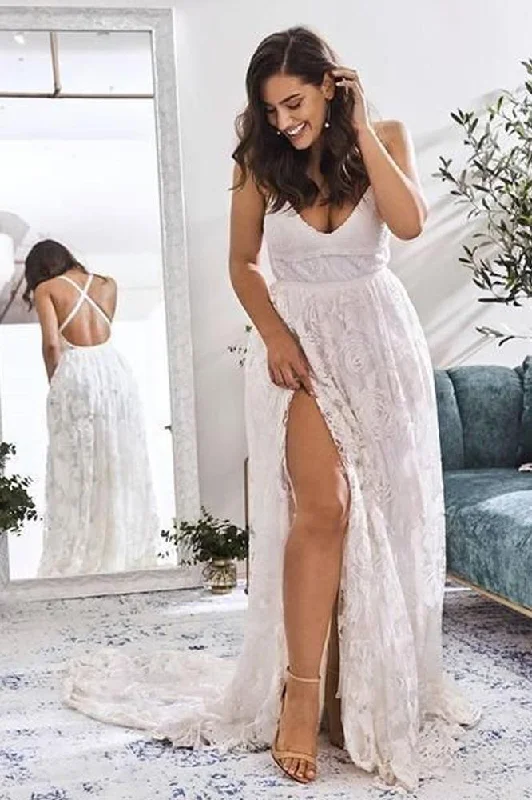 Elegant A Line V Neck Lace Ivory Beach Wedding Dresses with Slit, Bridal Gowns STI15579