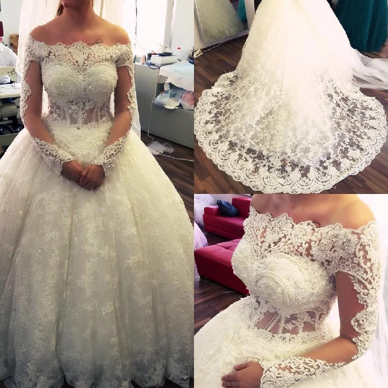 luxury wedding dress ball gown lace appliqué beaded long sleeve elegant wedding gown boho 2020