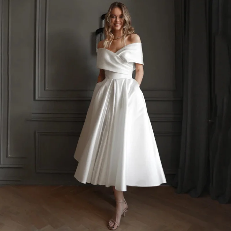 Wedding Dress Pleat A-Line Mid-Calf Bridal Lace Up Dresses