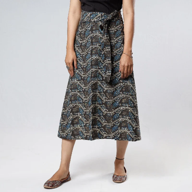 Black - Ajrakh Block Printed Cotton Wrap Around Skirt