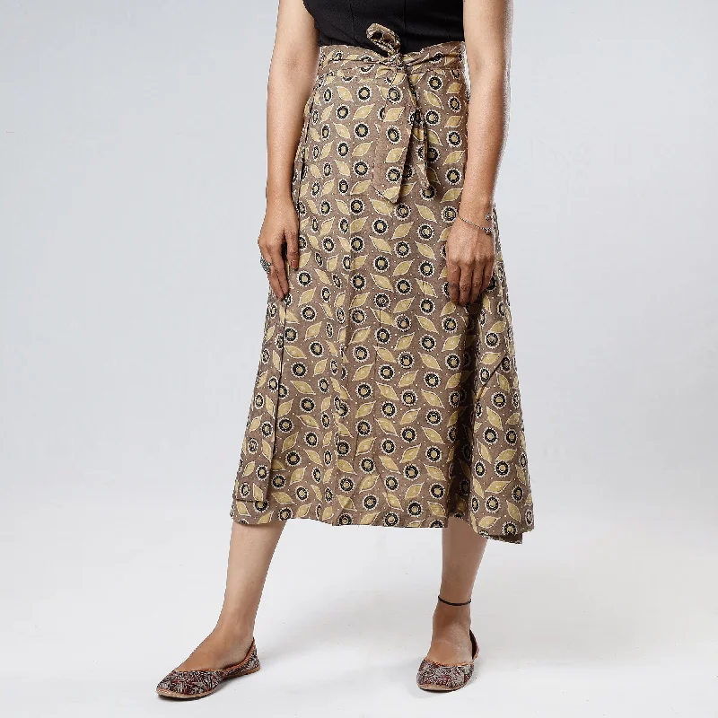 Brown - Ajrakh Block Printed Cotton Wrap Around Skirt