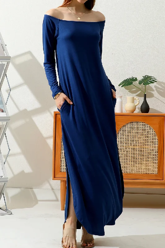 OFF SHOULDER ROUND HEM MAXI DRESS WITH POCKETS