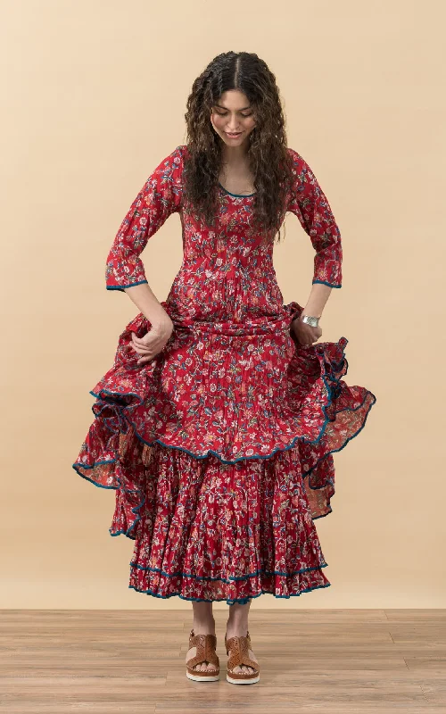 Santa Fe Dress, Long, 3/4 Sleeve, Wildflower Red