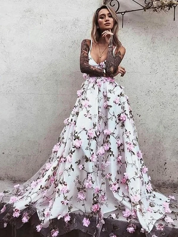 A Line V Neck Backless Pink Lace Floral White Prom Dresses, Pink 3D Flower White Formal Dresses, Evening Dresses