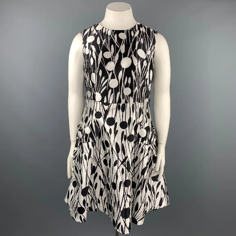 CAROLINA HERRERA Size 12 Black & White Print Silk / Cotton A-Line Dress