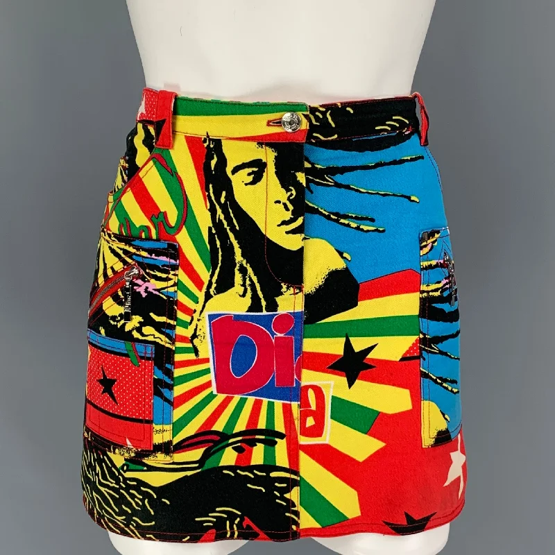 CHRISTIAN DIOR SS04 Rasta Mania Size 8 Multi-Color Cotton Lycra Graphic Mini Skirt