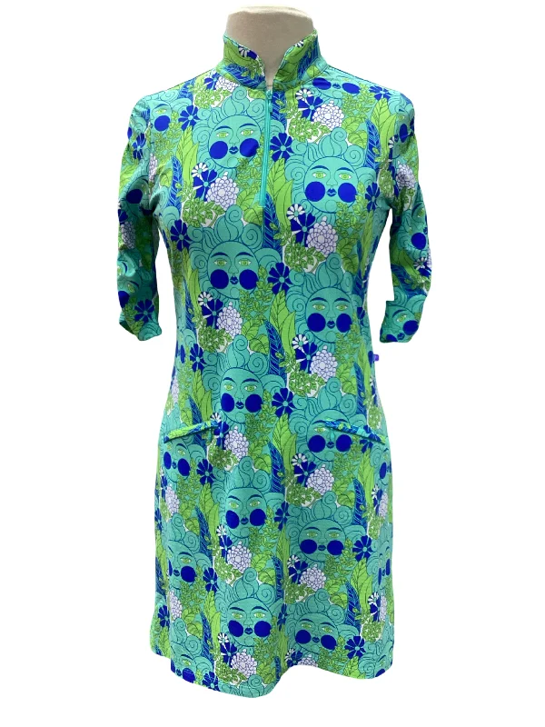 IBKUL Nadia Print Short Sleeve Godet Dress- Jade/Lime