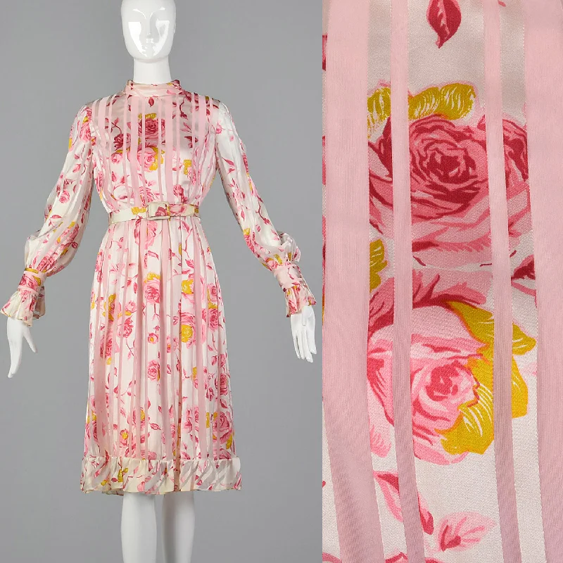 Medium 1970s Christian Dior Pink Floral Stripe Dress Long Sleeve