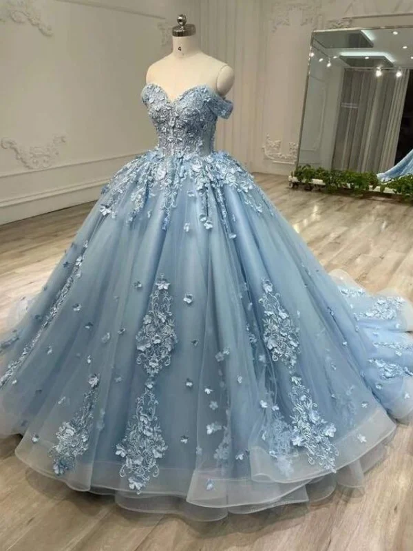 Off Shoulder Dusty Blue Lace Floral Long Prom Dresses, Dusty Blue Formal Evening Dresses, Floral Ball Gown SP2898