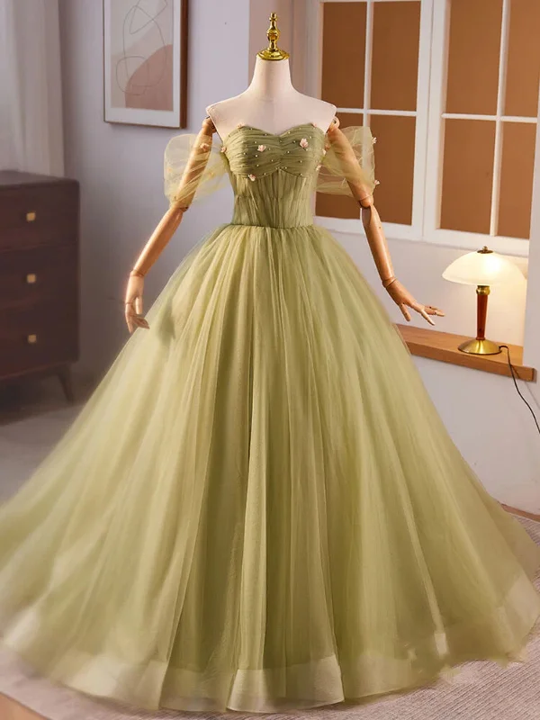 Off Shoulder Green Tulle Floral Long Prom Dresses, Off the Shoulder Green Formal Evening Dresses, Green Evening Dresses with 3D Flowers SP2932