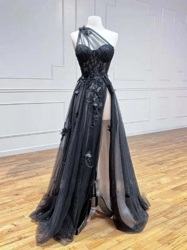 One Shoulder Black Lace Floral Long Prom Dresses with High Slit, Black Lace Formal Graduation Evening Dresses SP2509