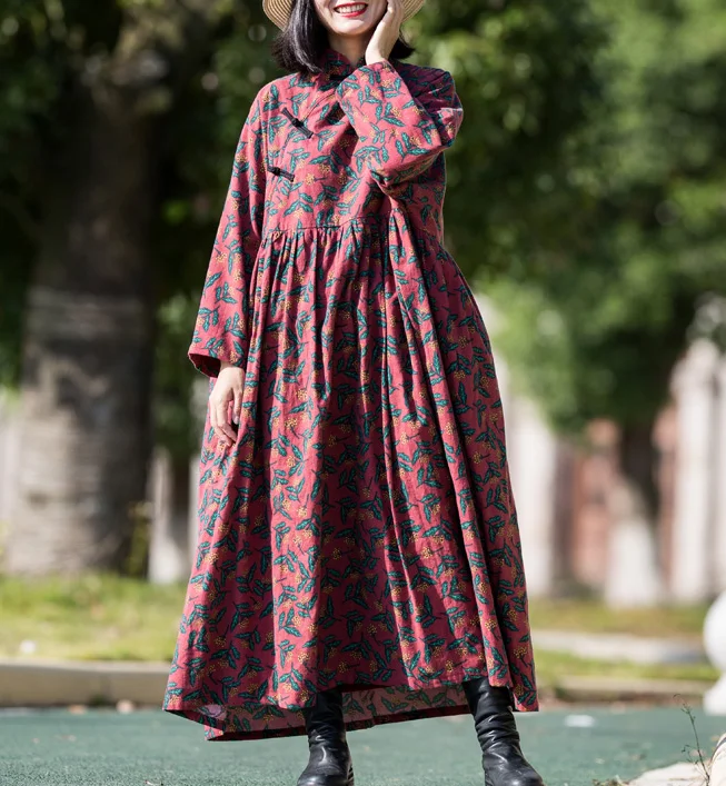 Print Long Sleeve Dresses Cotton Linen Dress Women Dress XSYCP9201229