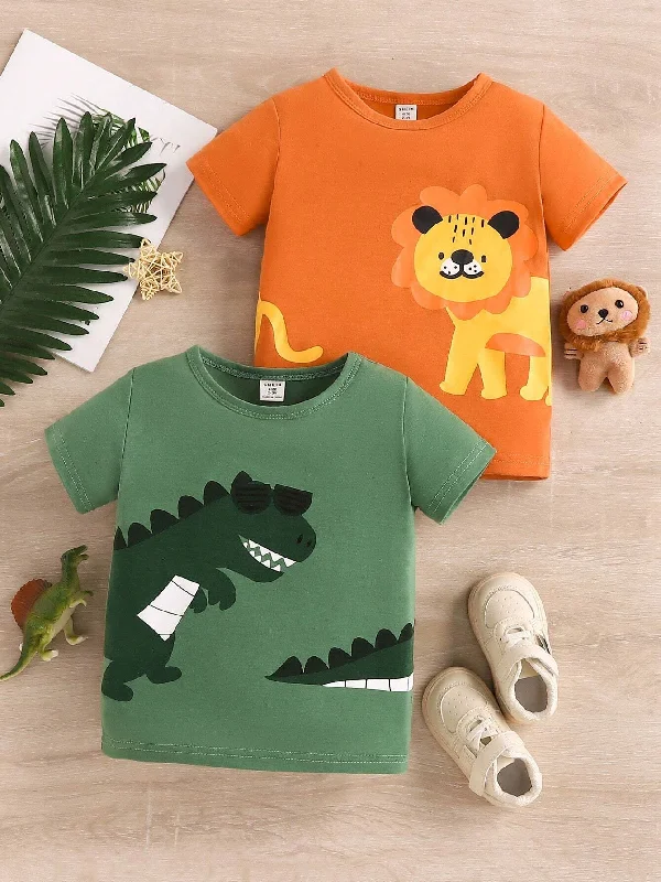 SHEIN Baby Boy 2pcs/Set Cute Animal Dinosaur & Lion Pattern Print Short Sleeve T-Shirt For Spring And Summer