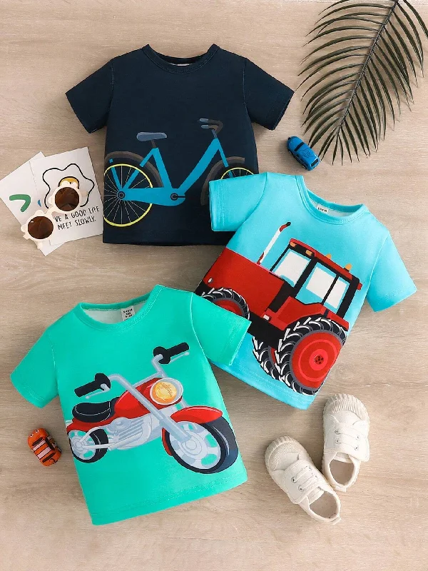 SHEIN Baby Boy 3pcs Car Print Short Sleeve Tops Set For Summer