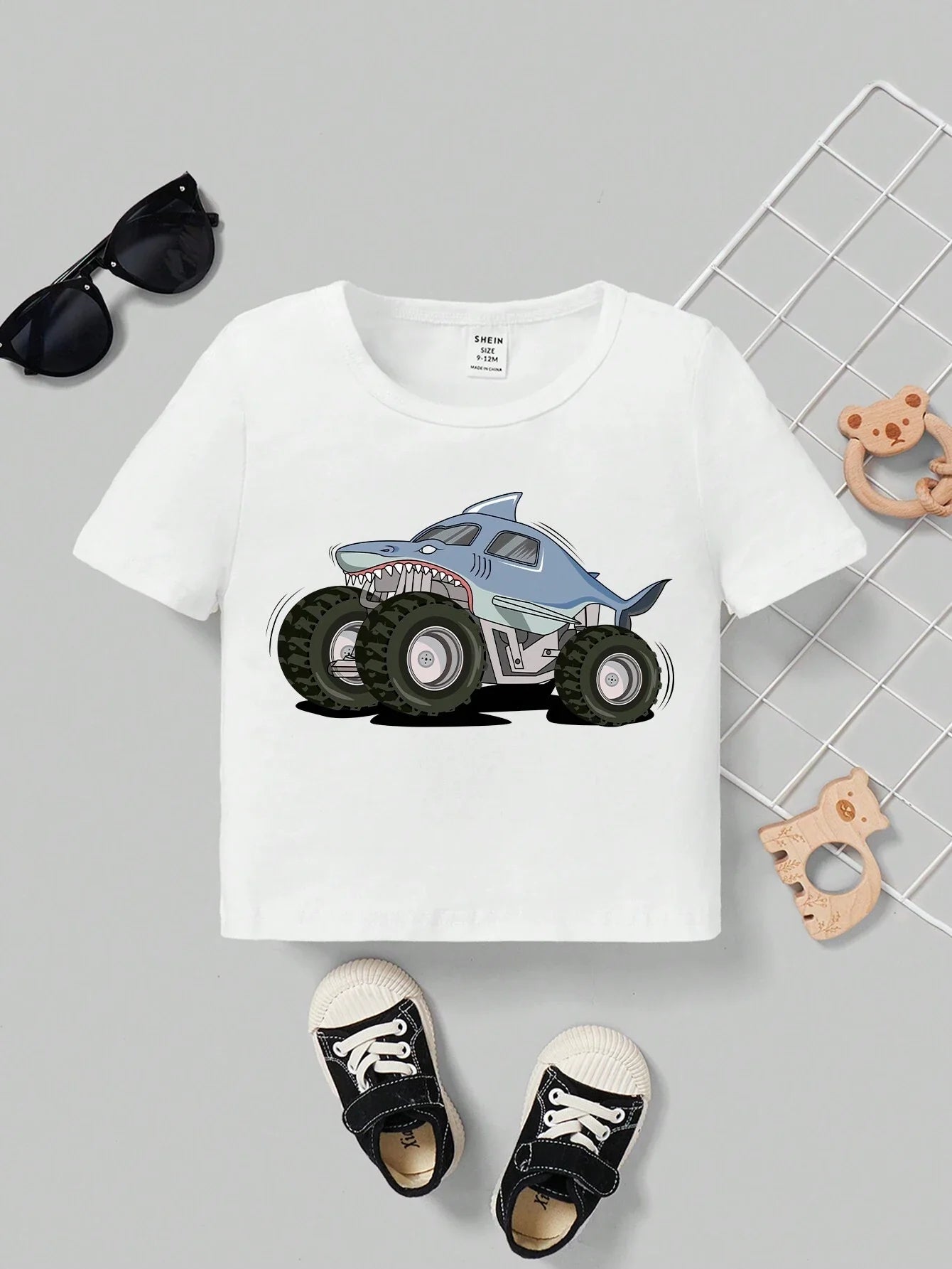 SHEIN Baby Boy Casual Cartoon Print Short Sleeve Top Suitable For Summer