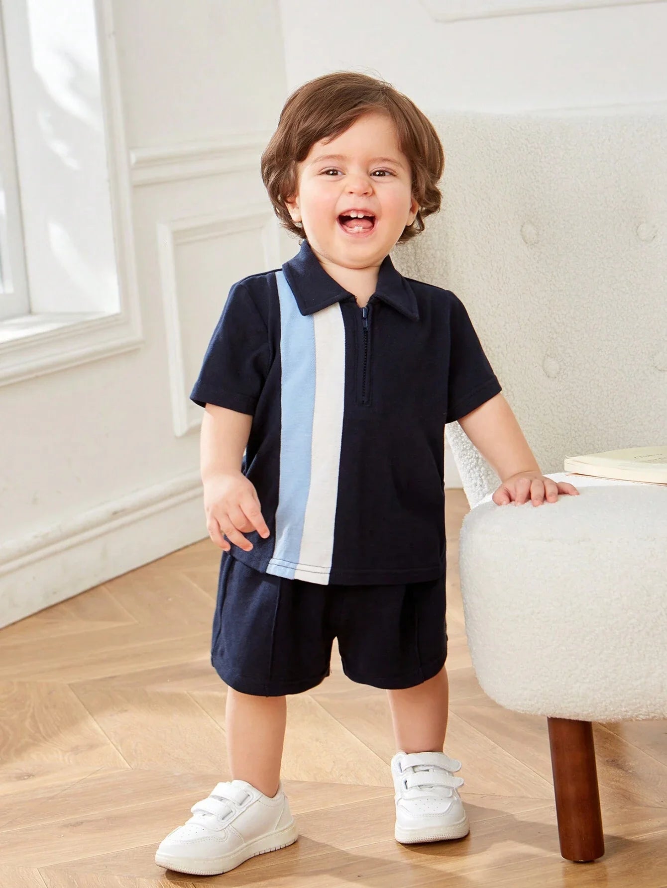 SHEIN Baby Boy's Casual Colorblock Short Sleeve Polo Shirt And Elastic Waist Shorts Set