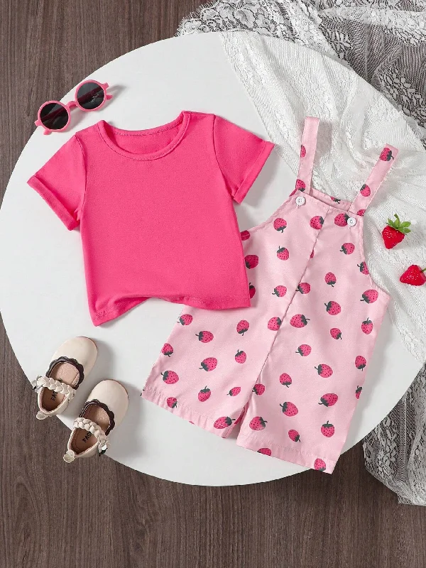 SHEIN Baby Girl Casual Fashionable Berry Printed Overalls Shorts & Solid Short Sleeve T-Shirt Summer Outfit