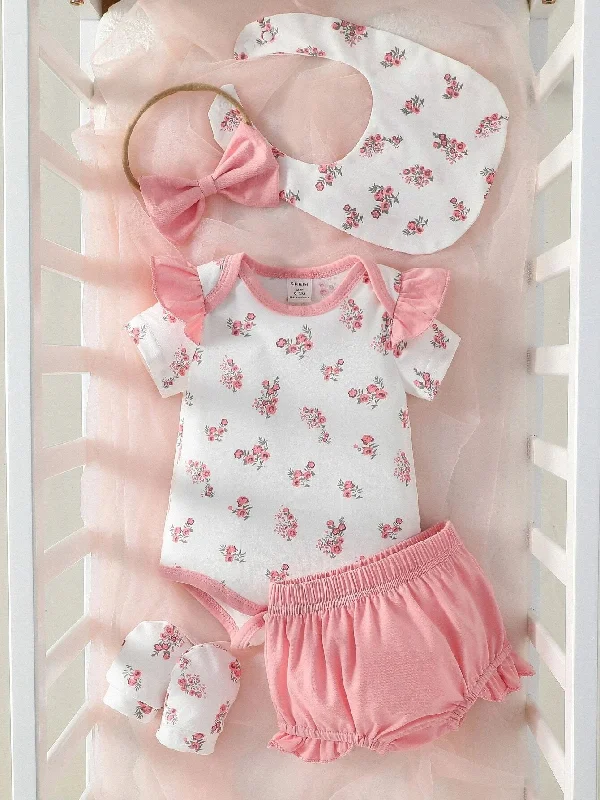 SHEIN Baby Girl Floral Print Ruffle Trim Bodysuit & Shorts & Accessory Headband & Bib & Gloves