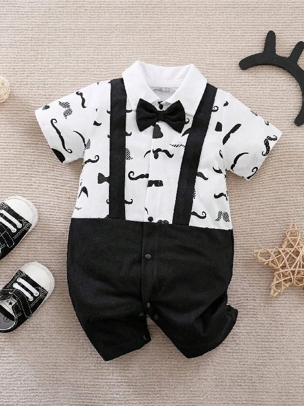 SHEIN Yierying Infant Boys' Short-Sleeved Two-In-One Romper With Black Mustache Print And Bow Tie Design, Suitable For Spring/Summer Seasons