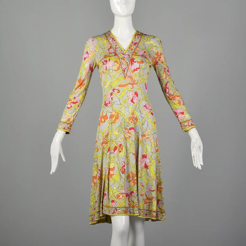 XXS 1960s Emilio Pucci Dress Long Sleeve Signature Print Silk Rayon Jersey