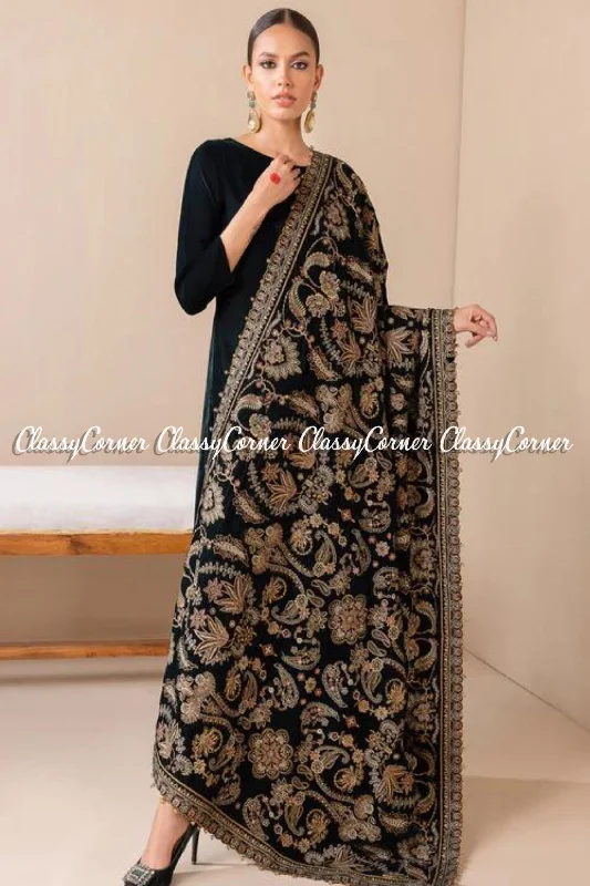 Zinc Golden Floral Embroidered Velvet Shawl