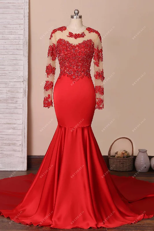 Beaded Red Lace Illusion Sleeve Trumpet Prom Dress