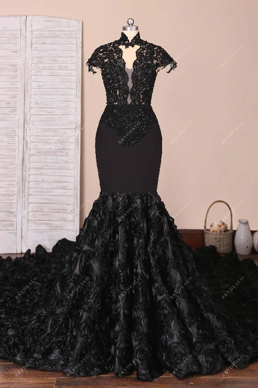 Black Beaded Lace Cap Sleeve 3D Rosette Unique Prom Dress