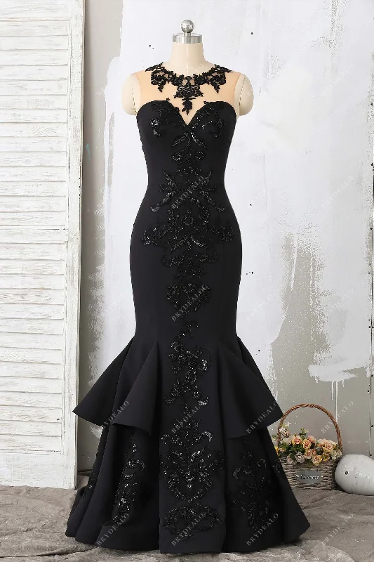 Black Beaded Lace Crepe Trumpet Godet Prom Dress