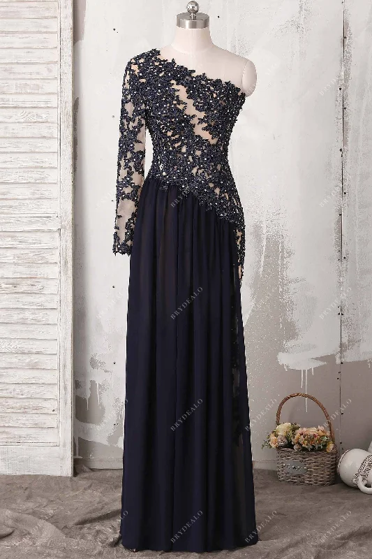 Dark Navy Lace Chiffon One Sleeve A-line Prom Dress