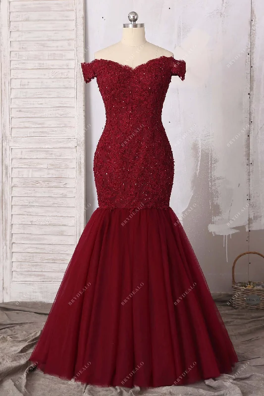 Burgundy Beaded Lace Off-shoulder Trumpet Prom Dress