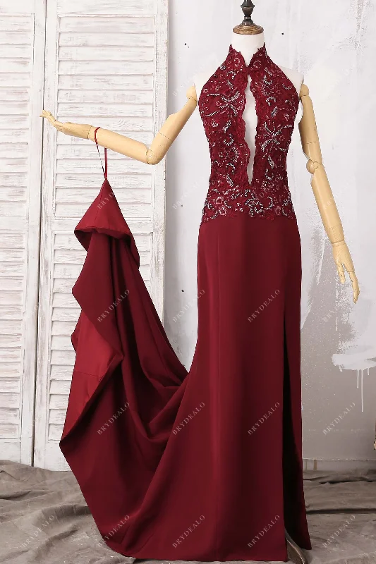 Burgundy Sequined Lace Satin Mermaid Prom Dress