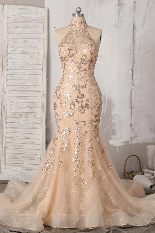 Champagne Gold Sequin Lace Mermaid Prom Dress