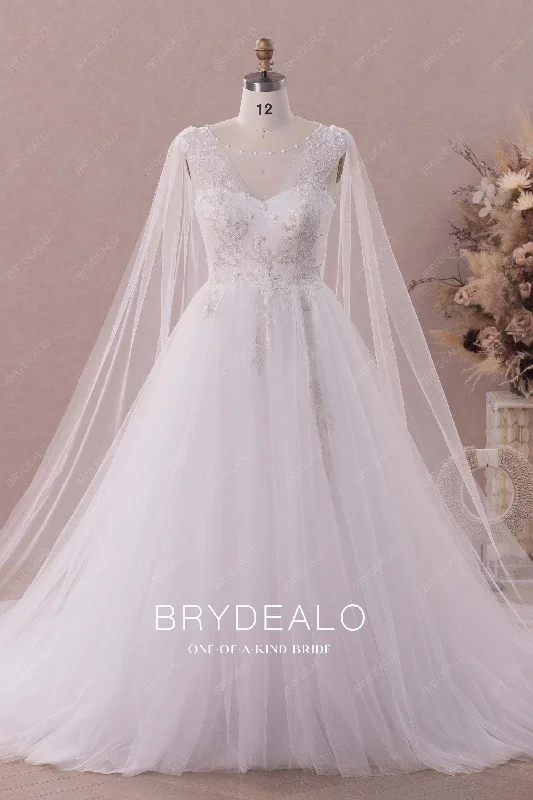 Shoulder Streamer Illusion Neck Lace Tulle Wedding Gown