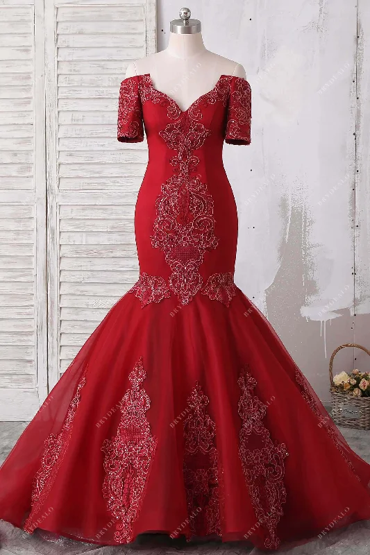 Dark Red Lace Off-the-shoulder Trumpet Prom Dress