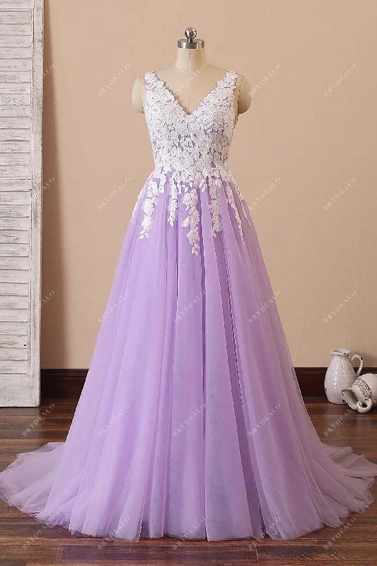 Elegant Lilac Tulle Ivory Lace V-neck Formal Gown