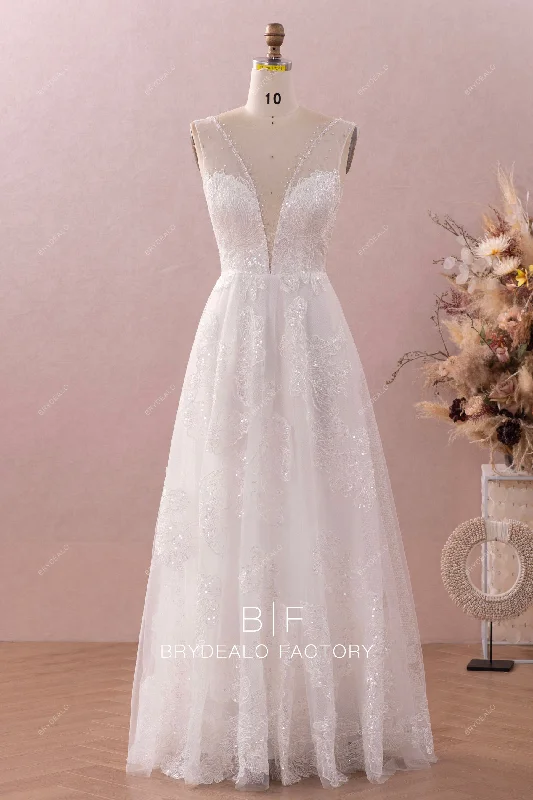 Ethereal Crystal Neck Sequined Lace A-line Wedding Dress